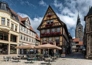 Quedlinburg Scenic view of historic half-timbered houses in Quedlinburg, Germany.